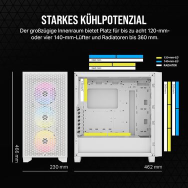 Корпус для ПК CORSAIR 3000D RGB Airflow, середній, білий, з 3 AR120 RGB вентиляторами, підтримка 3-слотової GPU, до 8 вентиляторів 120 мм, високий повітряний потік