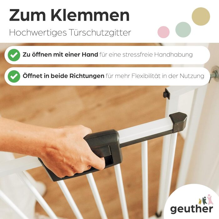 Захисний бар'єр на двері Geuther Easylock Plus для сходів, дерев'яно-металевий, без свердління, двосторонній, сірий-натуральний (120,5-128,5 см)