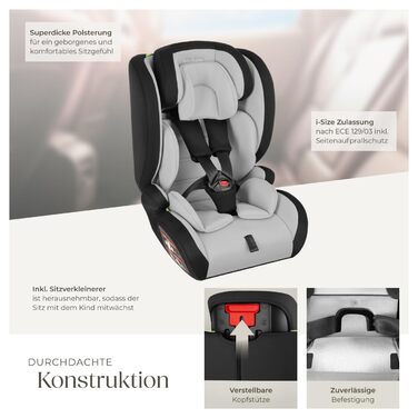 Автокрісло Tectake з 5-точковим ременем, i-Size, бічний захист, бустер для дітей 76-150 см (до 36 кг), світло-сірий/чорний