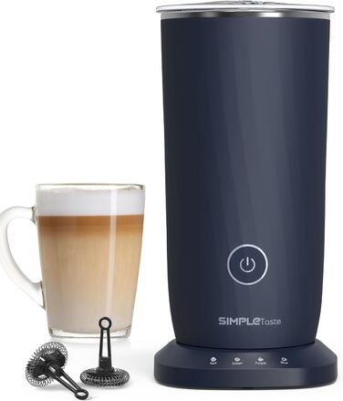 Електричний спінювач молока SIMPLETASTE 4-в-1: гарячий та холодний спінений молочний напій, підігрів молока, приготування какао, антипригарне покриття, автоматичне вимкнення, тиха робота, без BPA, для капучино та лате, темно-синій, з додатковою насадкою