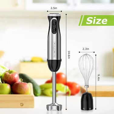 Занурювальний блендер Bonsenkitchen 2-в-1, електричний, 20 швидкостей, з насадкою вінчик, нержавіюча сталь, для супів, смузі, пюре, дитячого харчування, чорний