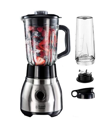 Блендер стаціонарний Russell Hobbs 2-в-1 зі скляною чашею 1.5л та міні-блендером для смузі 0.6л - подрібнювач льоду, BPA-free, нержавіюча сталь 23821-56