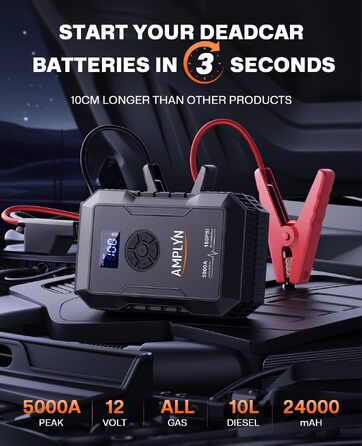 Пусковий пристрій для авто (бустер) з компресором 160 PSI, 5000A, 12V, портативний бустер для бензинових та дизельних двигунів (до 10л), швидка зарядка Type-C, ліхтарик