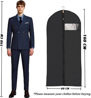 Дихаючий чохол для одягу Niviy 60x160 см, чорний, з віконцем, набір 5 шт. — для зберігання костюмів, суконь, пальт, весільних і вечірніх нарядів
