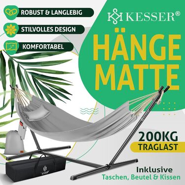 Гамак KESSER® Lake з каркасом для двох осіб, 200 кг, для дому та саду, XXL, з подушкою, сірий