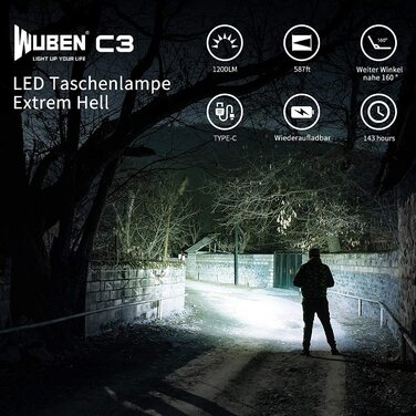 Ліхтарик WUBEN C3 LED, надяскравий, USB-C, 1200 люмен, IP68, 6 режимів, тактичний, компактний, водонепроникний, для кемпінгу, туризму, надзвичайних ситуацій, чорний