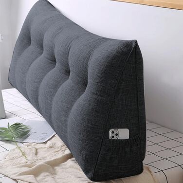 Подушка трикутна для спини OHMG 160x50x20 см темно-сіра з кишенею, для ліжка та дивана, знімний чохол