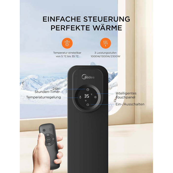 Масляний радіатор Midea NY2311-24UR, 2300Вт, 11 секцій, з пультом ДК та LED-дисплеєм, чорний