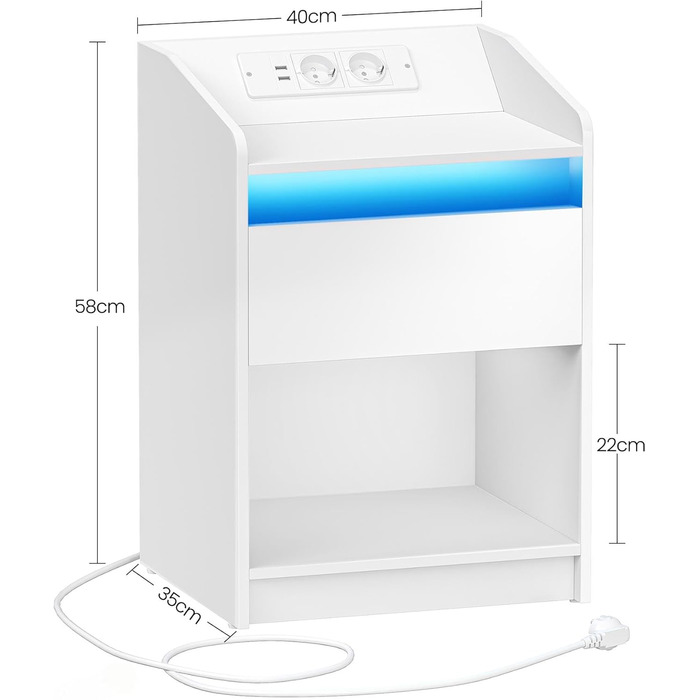 Тумба приліжкова Hzuaneri з LED-підсвіткою, USB, розетками, шухлядою та відкритою полицею, біла, для спальні та вітальні