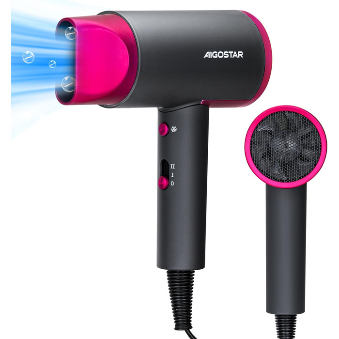 Фен Aigostar Dora 2200W з іонізацією, 2 швидкості, 2 температурні режими, легкий портативний, для дому, салону та гуртожитку, сірий