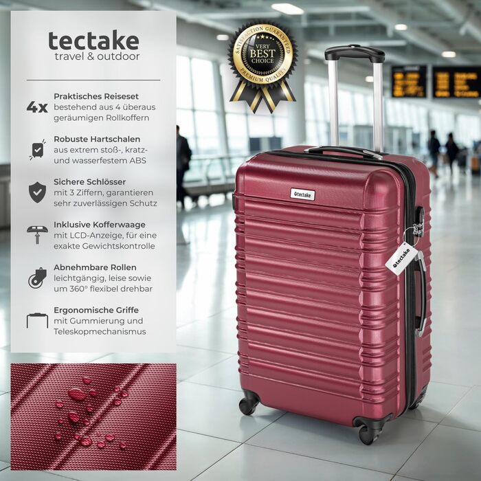 Набір валіз Tectake 4шт з ABS пластику, S-M-L-XL, з роликами, телескопічним ручками та замками, з ваговою шалькою та аксесуарами для валіз (Вишневий)