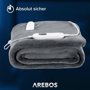 Електрична плед-ковдра Arebos з плюшу 200x180 см, 9 режимів, автоматичне вимкнення, захист від перегріву, таймер, попередній підігрів, прана у машинці, антрацит