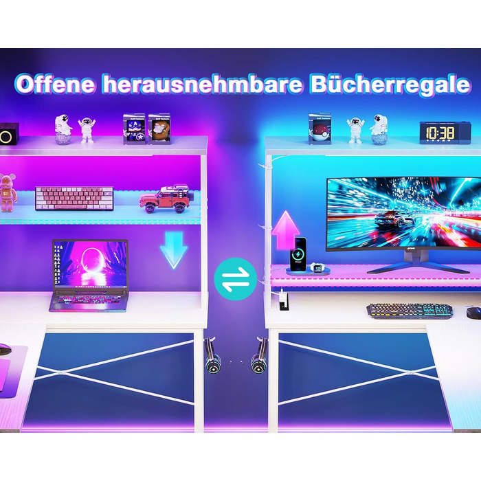 Ігровий стіл Coleshome L-подібної форми з LED підсвічуванням та розетками, 110x80 см. Реверсивний стіл з полицями для зберігання, ігровий кутовий стіл з сумкою для дому та геймінгу.
