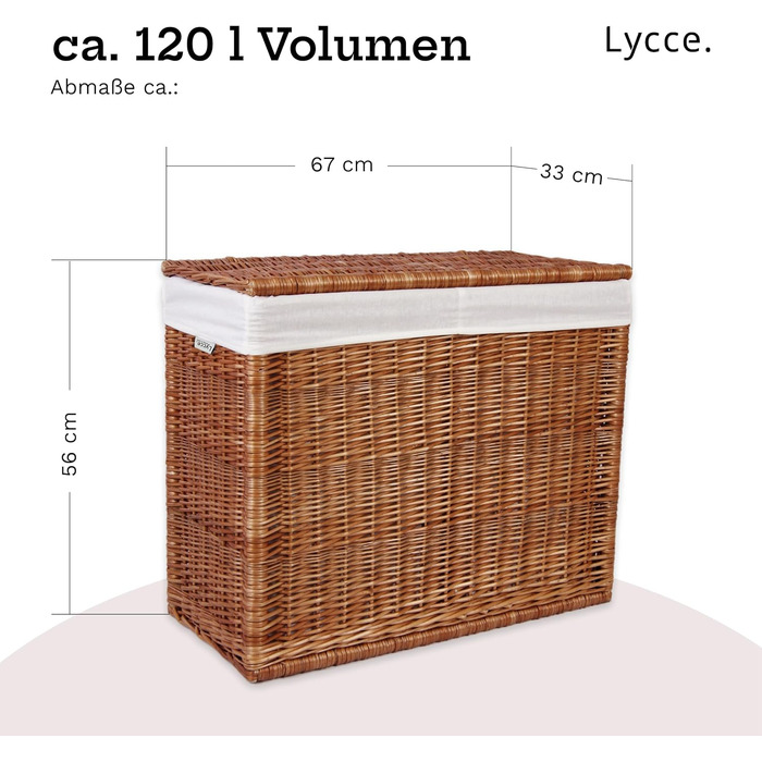 Кошик для білизни Lycce 120 л, 2 секції, плетений, білий, 67x33x56 см