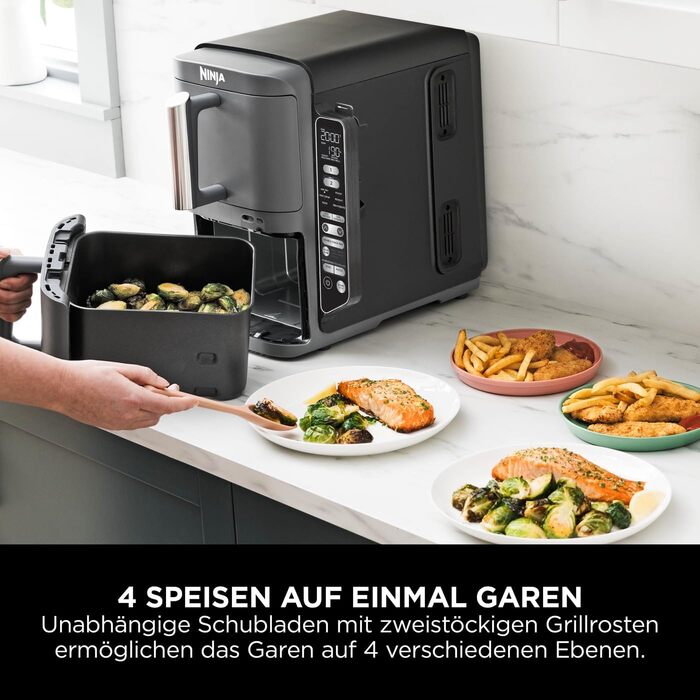 Вертикальна аерофритюрниця Ninja Double Stack XL Air Fryer 9,5 л з цифровим термометром, 6 функцій приготування, 2 рівні, сіра SL451EU