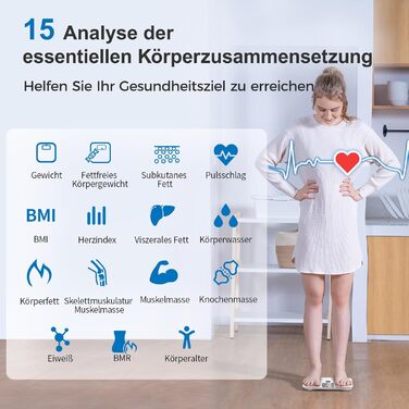Розумна вага Lepulse Lescale F4 з аналізом складу тіла, визначенням жирової та м'язової маси, ультраточна вага з великим дисплеєм, 15 показників, біла