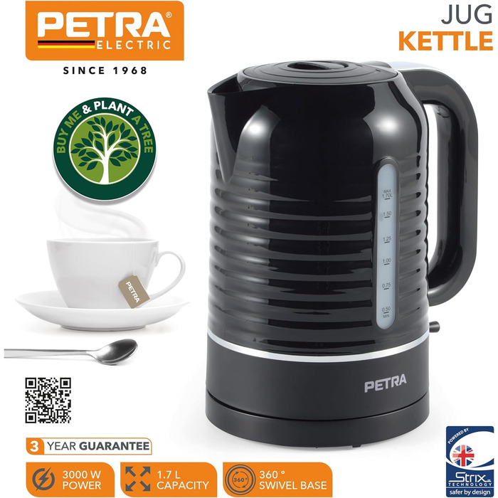 Електрочайник Petra PT5572BLKVDE 1,7 л, 3000 Вт, індикатор рівня води, антикальцієвий фільтр, 360° база, захист від перегріву, Strix-контролер, швидке кип'ятіння