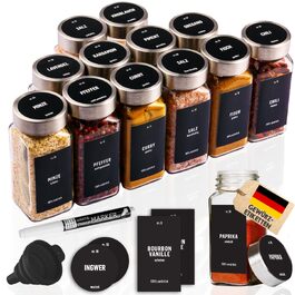 Набір скляних квадратних банок для спецій Deco haus® (12 шт.) з герметичними кришками, етикетками та дозаторами