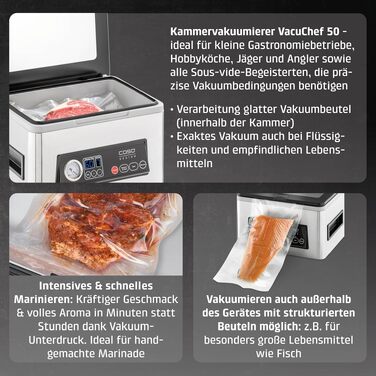 Вакуумний пакувальник CASO VacuChef 50 - 4л, 70 л/хв, подвійний шов, 30 пакетів, ущільнювач, шланг