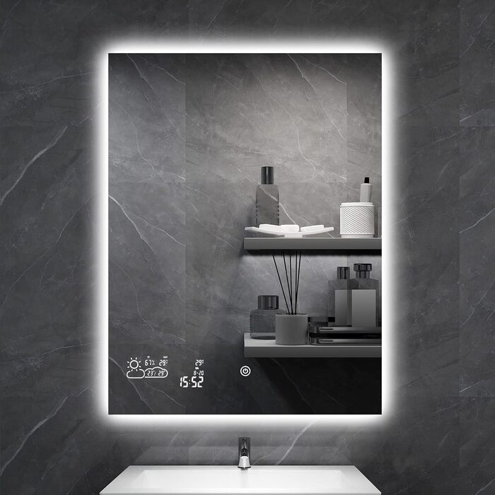 Дзеркало для ванної кімнати LED ByeCold 60x80 см з підсвічуванням, антизапарювання, WiFi, погода та дата, сенсорне управління