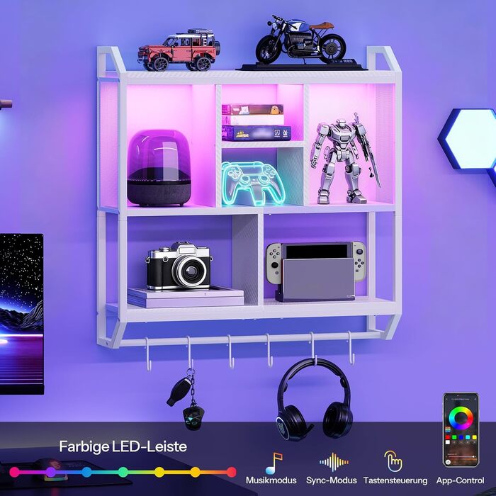 HOOBRO Настінна полиця з LED підсвіткою, плаваюча полиця-органайзер з 4 рівнями, 6 гачками для ігор, кухні, кафе - біла