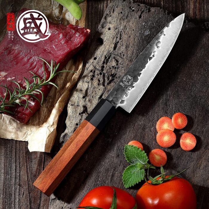 Японський ніж Mitsumoto Sakari для кухні, 14 см, з високоякісної сталі, ручка з рожевого дерева, подарункова коробка