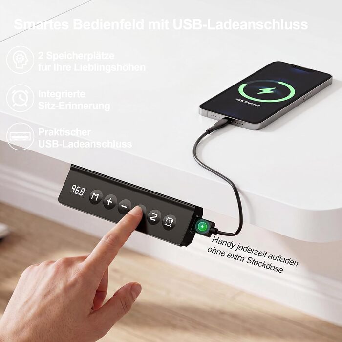 Регульований по висоті письмовий стіл JUMMICO з USB-портом, функцією пам'яті на 2 рівні, системою анти-зіткнення та нагадувачем (Білий, 100x60 см)