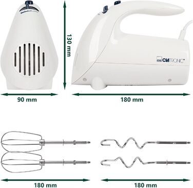 Ручний міксер Clatronic HM 3014, 250 Вт, 5 швидкостей, білий, нержавіюча сталь, для тіста та крему, з кнопкою викиду, придатний для миття в посудомийній машині