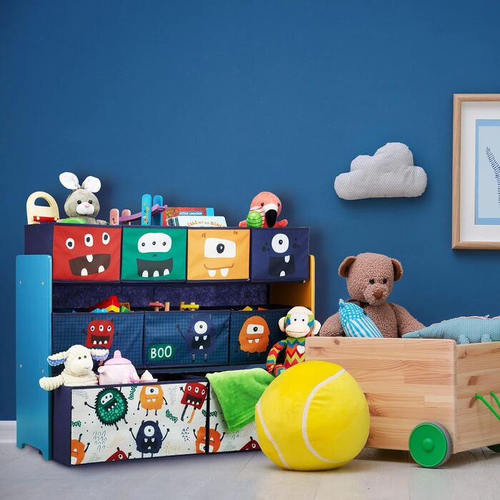 Дитяча полиця Relaxdays з 9 текстильними коробами, монстри, 70x92,5x30 см, іграшковий органайзер для кімнати, синій, бірюзовий, оранжевий