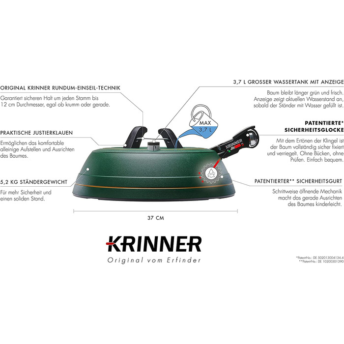 Підставка для ялинки KRINNER PREMIUM L Green з педаллю та тросом, дзвіночком, для ялин висотою до 2,7м, MADE IN GERMANY