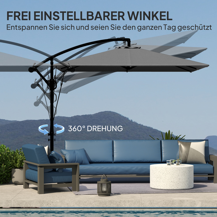 Парасолька Outsunny Centilever Ø260 см із захистом від ультрафіолету 50+ Водовідштовхувальна кривошипна парасолька з підставкою, чохлом, кривошипом, вітрозахисним склом, ринковою парасолькою Нахилена садова парасолька для балконного патіо сірого кольору