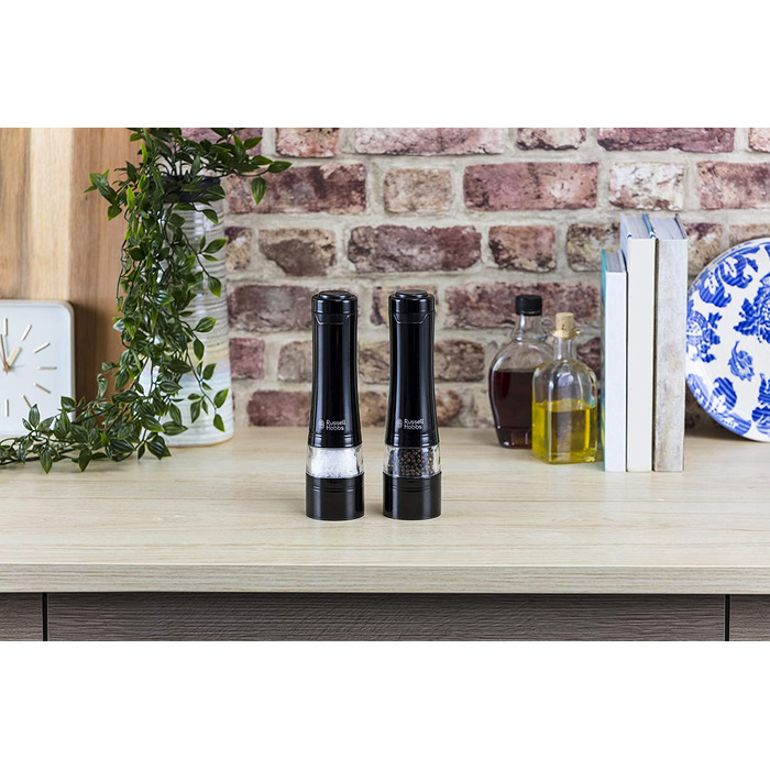 Електричний набір млинків Russell Hobbs для солі та перцю, 2 шт, керамічний механізм, регулювання помолу, LED-підсвічування, чорний, для спецій і трав, модель 28010-56