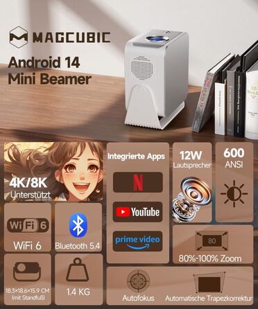 Смарт-проектор Magcubic HY350MAX 4K/8K, WiFi 6, Bluetooth 5.4, Автофокус, 6D автокоррекция трапеції, динамік 12W, поворот на 180°, портативний домашній кінотеатр, чорний