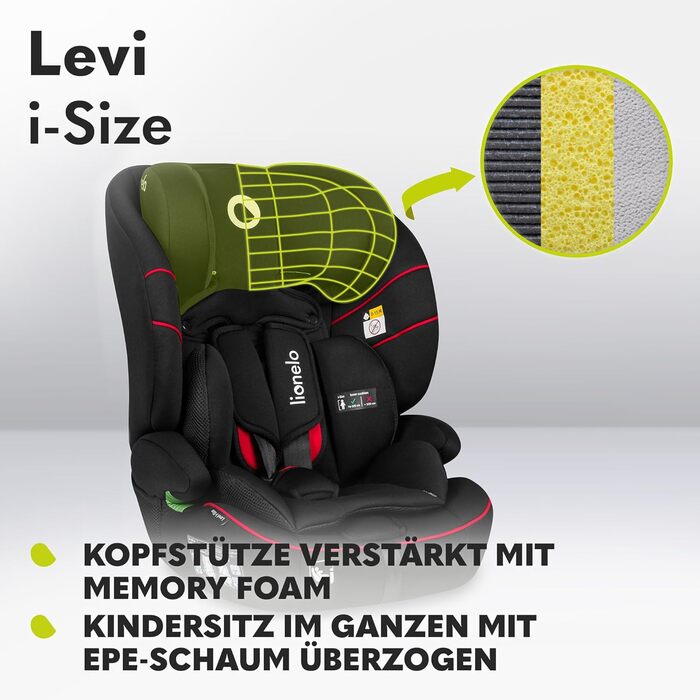 Автокрісло Lionelo Levi i-Size 76–150см, група 1/2/3, R129, чорне