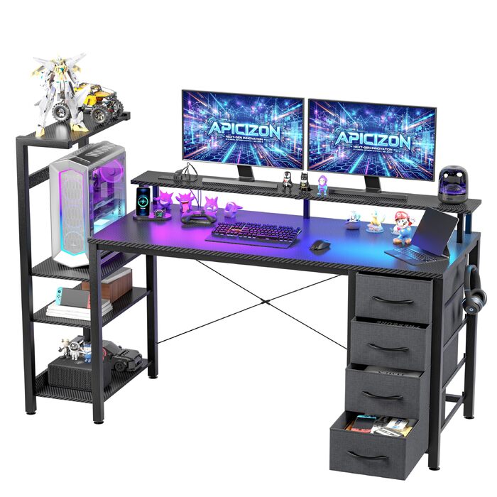 Ігровий стіл APICIZON 150 см з полицею, підставкою для монітора та RGB-підсвіткою, чорний. Комп'ютерний стіл з USB, тримачем для навушників та підставкою для чашки, карбоновий дизайн