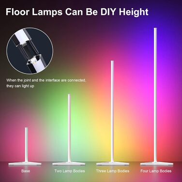 MIWATT LED торшер для вітальні 143 см, RGB, димер, керування пультом і додатком, 16 млн кольорів, музичний і DIY-режими, таймер, для спальні, ігрової кімнати, офісу, білого кольору