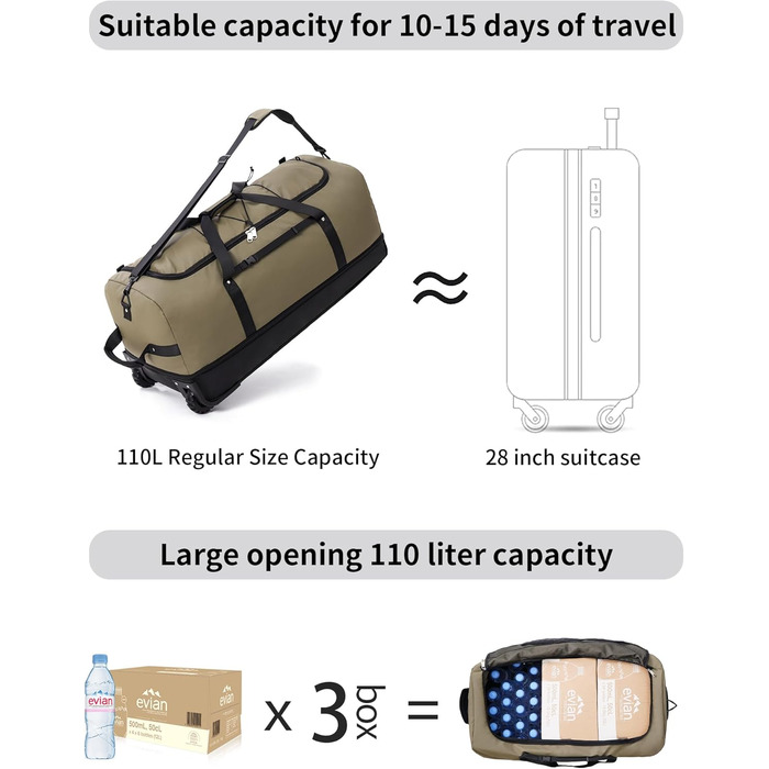 YHYEH розширювана дорожня сумка 110/140 л, 80 см, з 2 колесами, для подорожей, спорту, з еластичним шнуром, армійсько-зелена