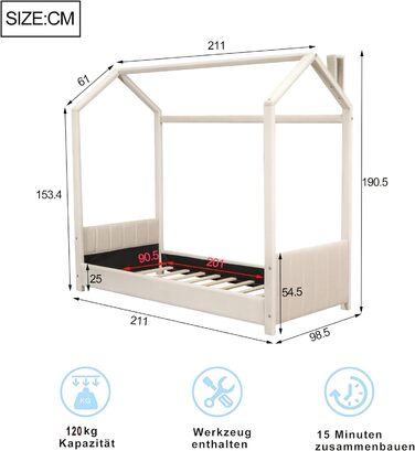 Дитяче ліжко Merax 90x200 см, бежеве, з каркасом, підлогове, з узголів’ям і узніжжям, без матраца, для хлопчиків та дівчаток