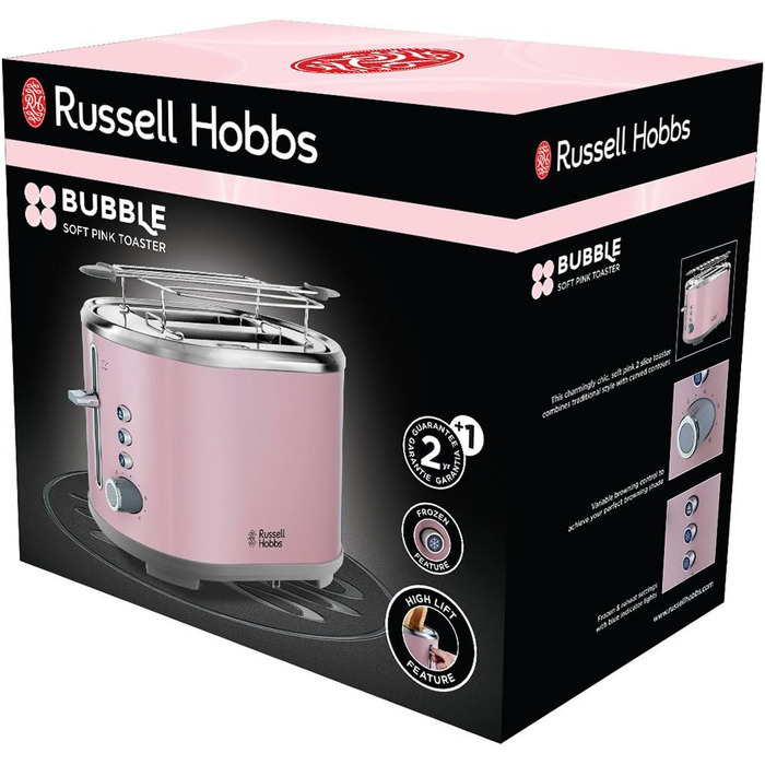 Тостер Russell Hobbs Hanley на 2 тости, рожевий - 6 режимів, розморожування, підігрів, широкі слоти, підставка для булочок