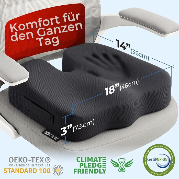 Подушка ортопедична для сидіння з піни Memory Foam 5 STARS UNITED: підтримка куприка, зняття болю в спині та при ішіасі, чорна