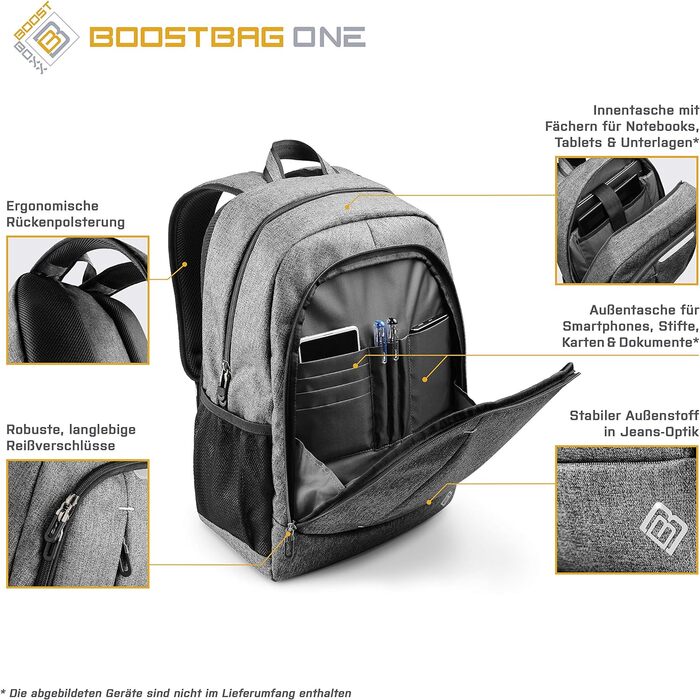 Міський рюкзак BoostBag One для ноутбука 15,6'', планшета та телефону, сірий – ідеальний для школи, роботи, навчання