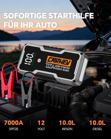 Бустерний пускач CARHEV 7000A для авто 12В (до 10.0L бензин/дизель), Powerbank з QC 3.0 USB та LED-ліхтарем