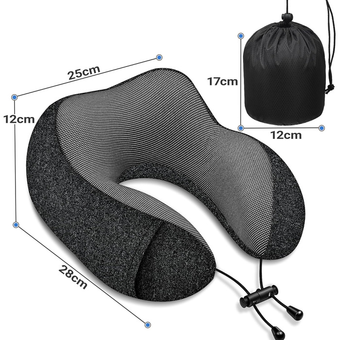 Подорожня подушка під шию з ефектом пам'яті (Memory Foam) для літака та авто, чорна, з 3D-маскою для сну та берушами