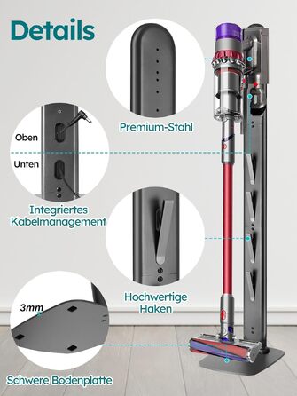 Металевий стійка-тримач для пилососа JUPELI, сумісний з Dyson V16, Gen5, V15, V12, V11, V10, V8, V7, V6, підставка для пилососа та аксесуарів, без свердління, темно-сірий