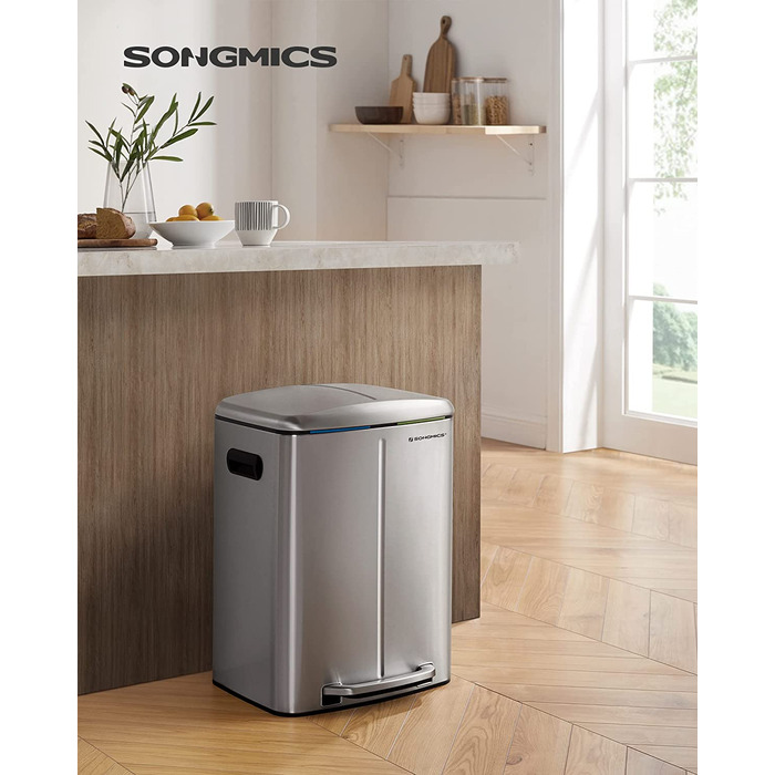 Смітник для кухні SONGMICS 2×20 л з педаллю, подвійний відсік, металевий корпус, пластикові контейнери, м'яке закриття, антипахова прокладка, сріблястий