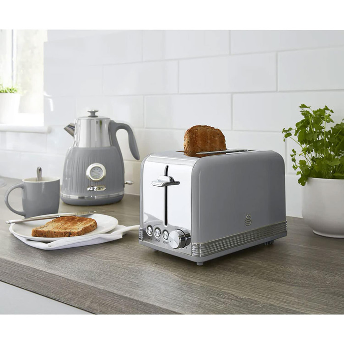 Тостер Swan Retro ST19010GRNEU на 2 скибки, широкий слот, вінтажний дизайн, 3 функції (розморожування, підігрів, скасування), 6 режимів, нержавіюча сталь, сірий, 815 Вт