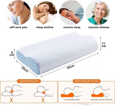 Ергономічна подушка з ефектом пам'яті (Memory Foam) для шиї та підтримки хребта, ортопедична подушка для сну на боці та спині з бамбуковим чохлом, синя