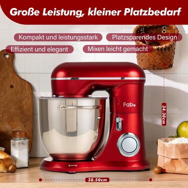 Кухонний комбайн Kitchen in the box Fab-Serie 6L: потужний планетарний міксер 1300 Вт, 10 швидкостей, з набором насадок (гак, вінчик, міксер), червоний