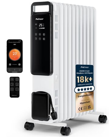 Розумний електричний масляний радіатор Pro Breeze 2500W, 11 секцій, керування через WLAN/App, з термостатом, таймером на 24г та сенсорним дисплеєм, білий