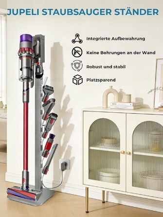 Металевий стійка-тримач JUPELI для пилососів Dyson V16, Gen5, V15, V12, V11, V10, V8, V7, V6 — підставка для зберігання пилососа та аксесуарів, без свердління (Сріблястий)